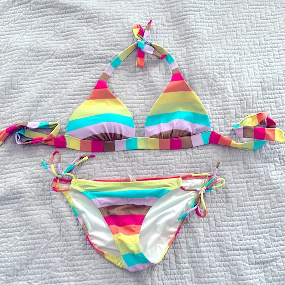 Striped halter Victoria’s Secret bikini with tie-side bottoms - Picture 1 of 6